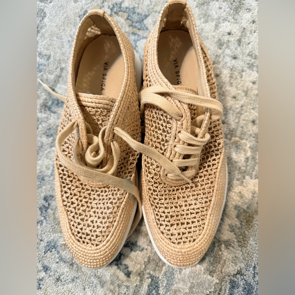 Via Spiga Beige Knit Lace-Up Sneakers - Picture 2 of 3
